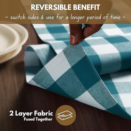 Native Fab Table Runner Buffalo Check Plaid 100% Cotton - 13x90 Inches Kitchen Dining Table Decoration for Indoor Outdoor Farmhouse Home Party Decor - Teal Green and White