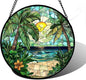 Stained Glass Window Hanging, Green Beach Scenery Suncatcher Diamond Glass Panel Hangings Sun Catchers Decor for Birthday for Women, Men, Wife, Aunt, and Mom 9.8 in
