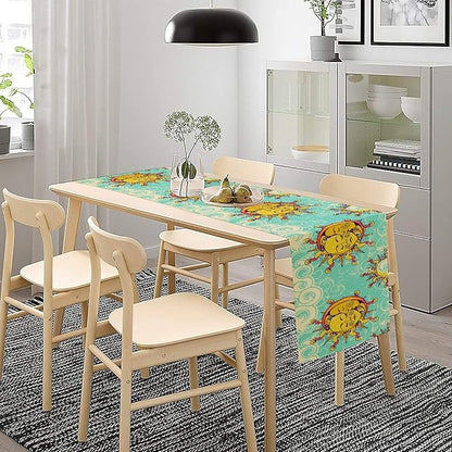 Retro Sun Moon Table Runner, Phase of The Moon Vintage Cloud Table Runner for Kitchen Dinner Living Room Table Runner Yellow Floral, 13x120 Inch Yellow Blue