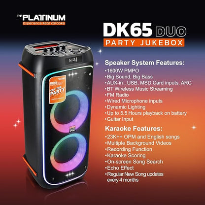 The Platinum DK65 Bluetooth Party Speaker, Karaoke Machine for Adults with 2 Wireless Microphones and Powerful bass & subwoofer, RGB Lights, Features Over 23k Songs for Outdoor & Home