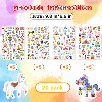 Cute Carnival Circus Stickers 820 Count Party Goodie Gifts Bags Decor Red White Elephant Clown Adhesive Stickers for Kids Girls Boys Birthday Invitations Art Craft Decor School Game Class Rewards