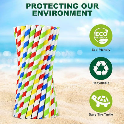 [10mm Wide] 8.5 inch Colossal Paper Straws for Smoothie & Milkshake - Colorful Stripes (Pack of 100)