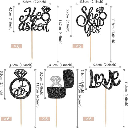 30 PCS He Asked She Said Yes Cupcake Toppers Love I Do Diamond Ring Cupcake Picks for Wedding Enaggement Bridal Shower Party Cake Decorations Supplies Black