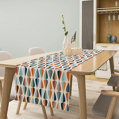 Mid Century Table Runner, Modern Style Retro Pattern Droplet Shapes Mosaic Tones Pattern Print for Home Kitchen Table Decor Dining Coffee Room Party Decor 13x60in
