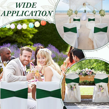 Moukeren 100 Pcs Spandex Chair Sashes Bows Bands Slider Sashes for Chair Covers Elastic Bands Ties Ribbon Decorations for Wedding Party Events Ceremony Birthday Banquet (Dark Green)