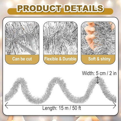 50 Feet Christmas Foil Fringe Banner Metallic Tassle Garland Metallic Backdrop Parade Floats Shiny Hanging Ceiling, Valentine's, Wedding, New Year Party Decorations(2" x 50', Silver)