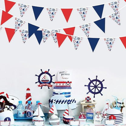 32Ft Nautical Party Decorations Red Blue White Nautical Themed Fabric Banner Triangle Pennant Flag Garland Streamers for Kids Boys Ocean Birthday Ahoy Achor Pirate Baby Shower Outdoor Garden Supplies