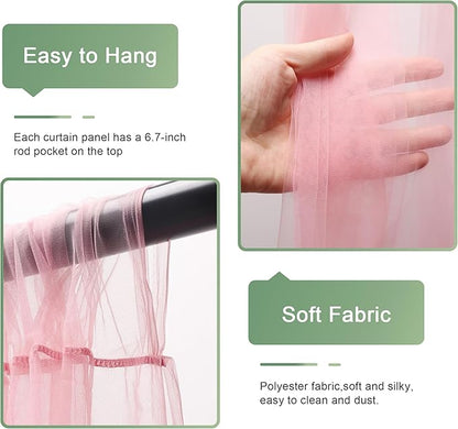 Tulle Backdrop Curtain with Lights String 10FT X 8FT Pink Sheer Tulle Backdrop Curtains for Wedding Birthday Party Reception Photo Booth Background Decorations (2 Panels 5x8FT)