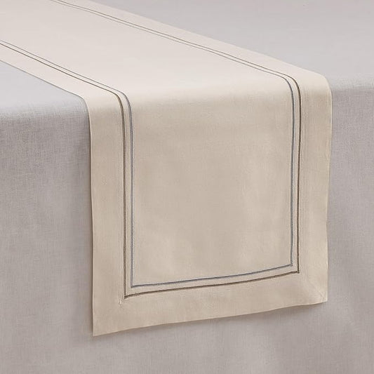 Cotton Linen Table Runner 90 Inches Long – Summer Beige Table Runner 14 x 90 Inch – Washable Fabric Farmhouse Runner Line Embroidery – Wedding Decoration, Git