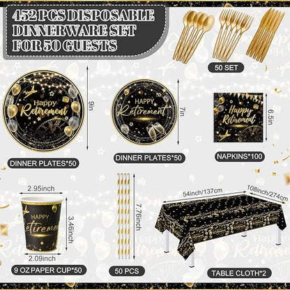 452 Pcs Black Gold Retirement Decorations Supplies for 50 Guests, Happy Retirement Paper Plates Napkins Cups Tablecloth Cutlery Straws Disposable Tableware Set for Men Women
