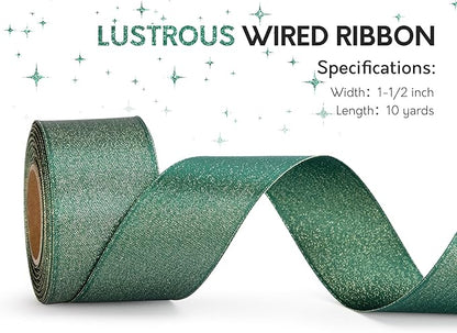 Christmas Ribbon Wired Green Satin Ribbons 1-1/2 Inch Double-Faced Gold Glitter for Tree Decoration, Wreath, Gift Wrapping, Home Decor 10 Yards