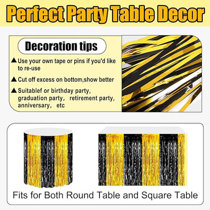 3 Pack 29x108 Inch Black Gold Foil Fringe Table Skirts Metallic Banner for Tinsel Streamer Garland Backdrop for Parade Floats Wedding Thanksgiving Birthday Christmas Halloween Party Decoration