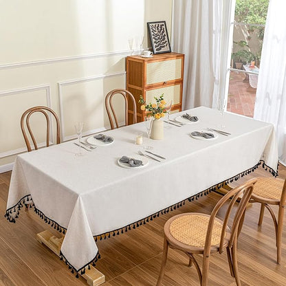 MYSKY HOME Table Cloth 60x102 in Rectangle Table, Cotton Tassel Linen Look Waterproof Tablecloths Farmhouse Tablecloth, Wrinkle Free Table Cover with Black Tassels for Kitchen Dining, Party
