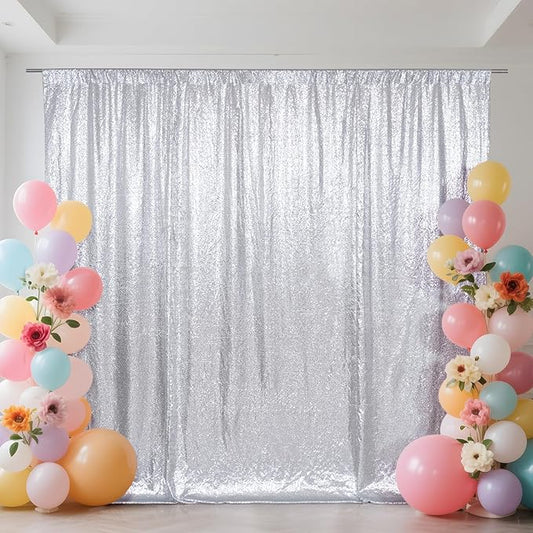 SquarePie Sequin Backdrop Not See Through Thick Background Glitter Curtain Party 7FT x 7FT Silver