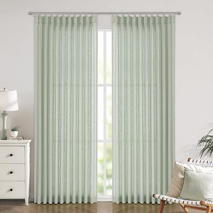 Vision Home Soft Green Pinch Pleated Semi Sheer Curtains Textured Linen Blended Light Filtering Window Curtains 95 inch for Living Room Bedroom Patio Pinch Pleat Drapes with Hooks 1 Panel 60" Wx95 L