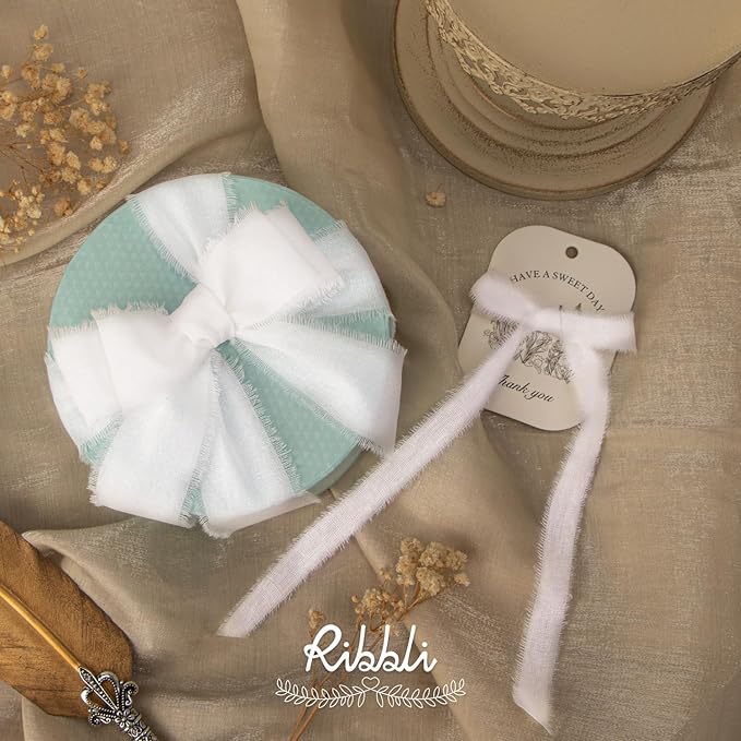 Ribbli 3 Rolls White Ribbon 5/8 Inch x 18Yards Handmade Cotton Frayed Fringe Ribbons for Gift Wrapping Wedding Invites Bridal Bouquets Baby Shower DIY Crafts Home Decor