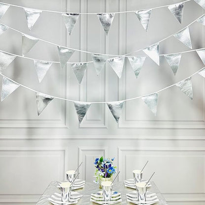 Silver Party Decorations Metallic Fabric Triangle Pennant Banner Silver Flag Bunting Garland for Graduation Birthday Wedding Bridal Shower Anniversary Engagement Bachelorette Party Decoration Supplies