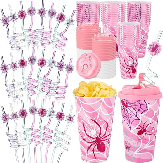 Yungyan 36 Sets Pink Spider Party Favors Goodie Cups with Lids and Straws for Halloween Party Decorations Reusable 16oz Plastic Candy Cups Plastic Straws for Birthday Gift (Pink Spider)