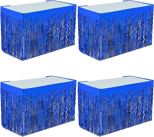 4P Wavy Metallic Tinsel Foil Fringe Table Skirts for Rectangle Tables Backdrop Garland Curtains for Parade Floats Wedding Birthday Parties Decoration Graduation 2025 Christmas (Blue)