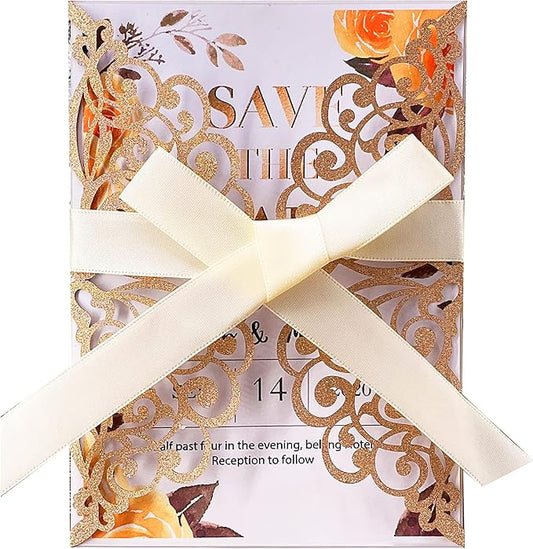 50Pcs Laser Cut Wedding Invitation With Glitter Envelopes And Ribbons Blank Personalized Card Invitaciones Para quinceañera Birthday Baby Shower Christmas Party Bridal Shower (Rose Gold)