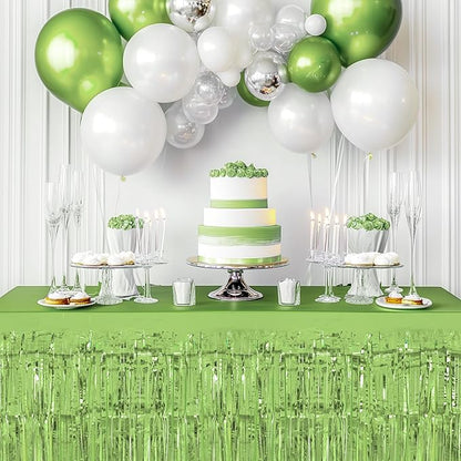 2 Pack Light Green Table Skirts, 29x108" Metallic Foil Tinsel Fringe Table Skirts for Rectangle Tables Streamer Curtains Backdrop, Party Decorations for Birthdays Weddings Holidays