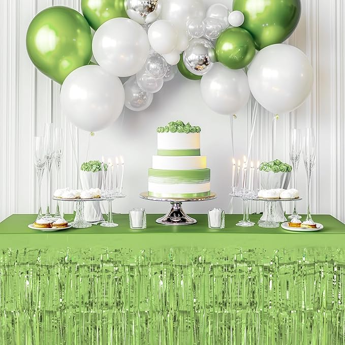 4 Pack Light Green Table Skirts, 29x108" Metallic Foil Tinsel Fringe Table Skirts for Rectangle Tables Streamer Curtains Backdrop, Party Decorations for Birthdays Weddings Holidays