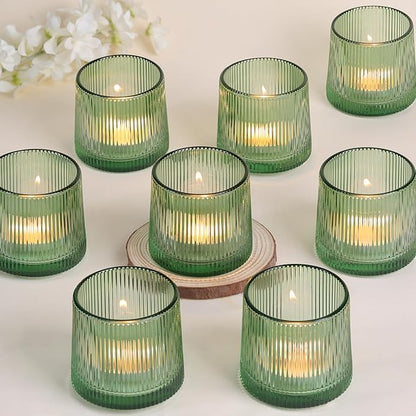 DARJEN Green Ribbed Tealight Votive Candle Holders Set of 10- Votive Candle Holders for Table Centerpiece, Tea Light Candle Holder Glass for Wedding and Home Decor, Green Decor and Gifts