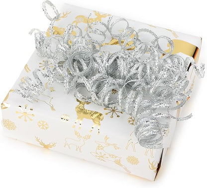 6" Metallic Silver Christmas Curly Ribbon Bows for Gift Wrapping Self Adhesive Gift Bows for Holiday Decor, Baskets, Birthday, Wedding, Presents, Party Favors Decorations 6 Counts