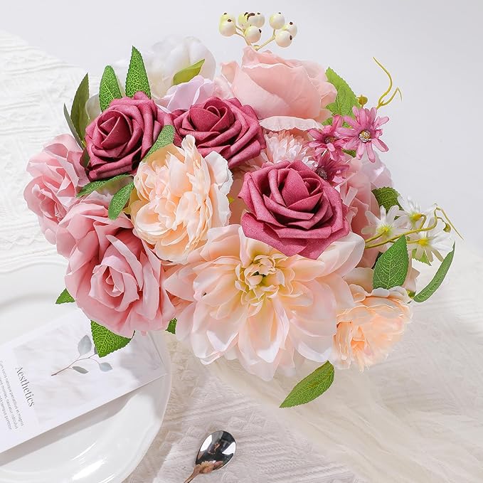 AGIRL Rose Artificial Flowers Combo Fake Flowers Pink Roses Silk Flowers with Stems for DIY Bridal Wedding Bouquets Centerpieces Arrangements Table Party Baby Shower Home Decor (Champagne Pink)