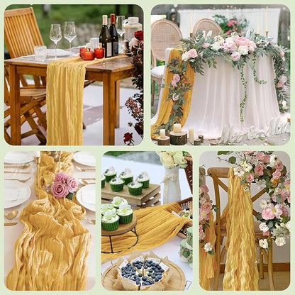 Asee'm 12pcs Cheesecloth Table Runner 120 Inches Long Gold Boho Gauze Cheese Cloth Runner 10FT Rustic Sheer Table Runners for Christmas Wedding Party Baby Shower Spring Easter Decoration
