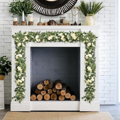 MAKHOT 2PCS Eucalyptus Garland, 6.6Ft Artificial Greenery Garlands Flower Decor, Green Spring Garland Wreath Vines Decorations for Table Home Wedding Mantle Party (Champagne)
