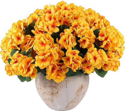 Hananona Artificial Geranium Flowers for Outdoors Geranium Silk Flowers Outdoor UV Resistant Garden Plants Faux Flowers for Home Kitchen Table Centerpieces Decor (12, Yellow)