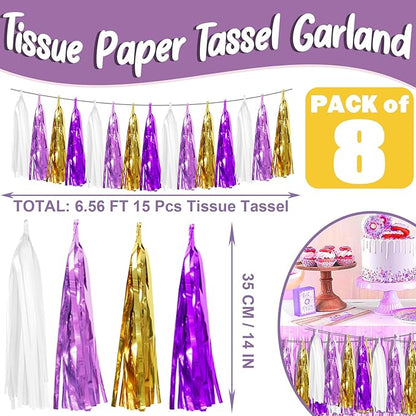 8P Purple-Gold Party Decoration Tassel Garland, Tassels Banner Streamers for Parade Floats, Bachelorette, Wedding, Birthday, Halloween, Christmas, Bridal/Baby Shower Party Decorations
