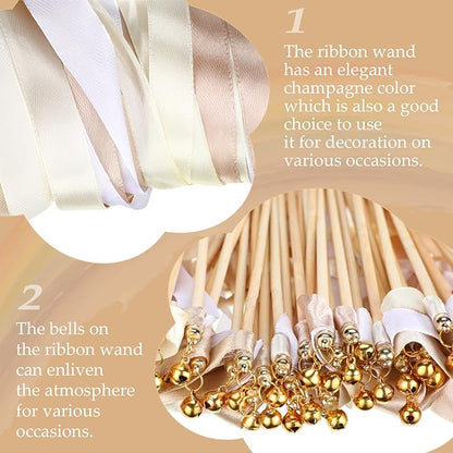 Boao 40 Pieces Mixed Color Ribbon Sticks with Bell, Ribbon Sticks for Stick Party, Streamers for Wedding Birthday Party Celebration Baby Shower Favors(White, Beige, Champagne)