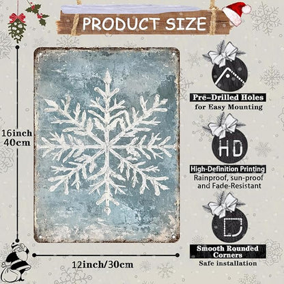 Vintage Christmas Tin Sign - Winter Snowflakes Metal Tin Sign - Wall Decor Sign for Outdoor Snowflake Christmas Decoration - 12x16Inch