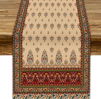 Boho Paisley Table Runner, Vintage Western Brown Dark Red Beige Flowers Leaves Print Table Runner for Kitchen Dining Table Wedding Holiday Party Decor, 13x60inch