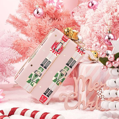 LeZakaa Christmas Pink Wrapping Paper Jumbo Roll for Kids, Pink Metallic Foil Gift Wrap Paper with Red & Green Nutcracker Soldier & Stripe Reversible Design, 30 inches x 32.8 Feet
