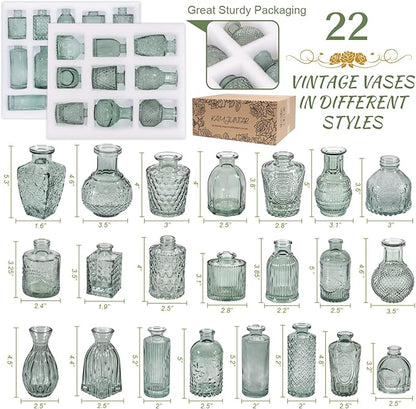 Green Glass Bud Vase Set of 22, Small Vases for Flowers, Clear Glass Vases for Centerpieces, Mini Bud Vases in Bulk Rustic Wedding Decorations, Centerpieces, Vintage Look Home Table Flower Decor