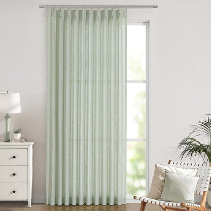 Vision Home Light Green Pinch Pleated Semi Sheer Curtains Textured Linen Blended Light Filtering Window Curtains 112 inch for Living Room Bedroom Patio Pinch Pleat Drapes with Hooks 1 Panel 60"Wx112"L
