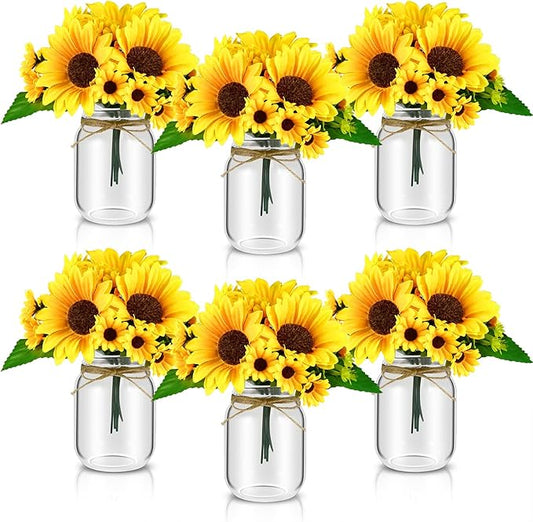 6 Set Centerpiece Table Decorations Mason Jar Table Centerpiece with Flower Mason Jar Wedding Centerpieces Vases Decor for Reception Engagement Party Bridal Shower (Sunflower)