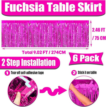 6 Pack 29x108 Inch Metallic Foil Fringe Tinsel Table Skirts Banner for Rectangle Tables Streamer Garland Curtains Backdrop for Wedding, Birthday, Parade Floats, Christmas Party Decoration(Fuchsia)