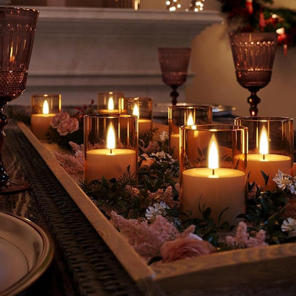 12Pack Flickering Flameless LED Candles with Timer, Battery Powered - Small Pillar & Votive, Acrylic Made, Gold (2"X3")