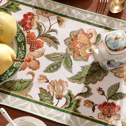 patdrea Designer Elegant French Floral Velvet Table Runner, Fresh Green with Orange Blossoms Pattern Table Mat, Decoration for Kitchen Dining Coffee Table Cabinet Banquet Thanksgiving,12"*102"
