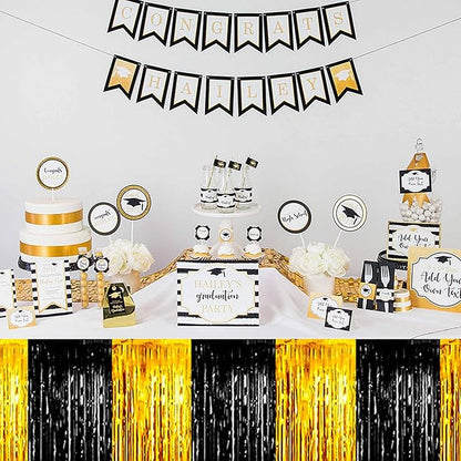 3 Pack 29 x108 Inch Black and Gold Foil Fringe Table Skirts Metallic Banner for Tinsel Streamer Garland Backdrop for Parade Floats Mother's Day, Graduate, Birthday, Wedding Party Decoration