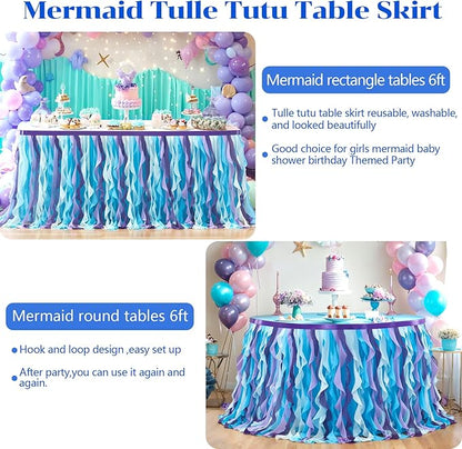 Partisky Mermaid Tulle Tutu Ruffle Curly Willow Table Skirt for Rectangle Table 17ft, Mermaid Themed Party Table Cloth for Girls Birthday Party or Baby Shower