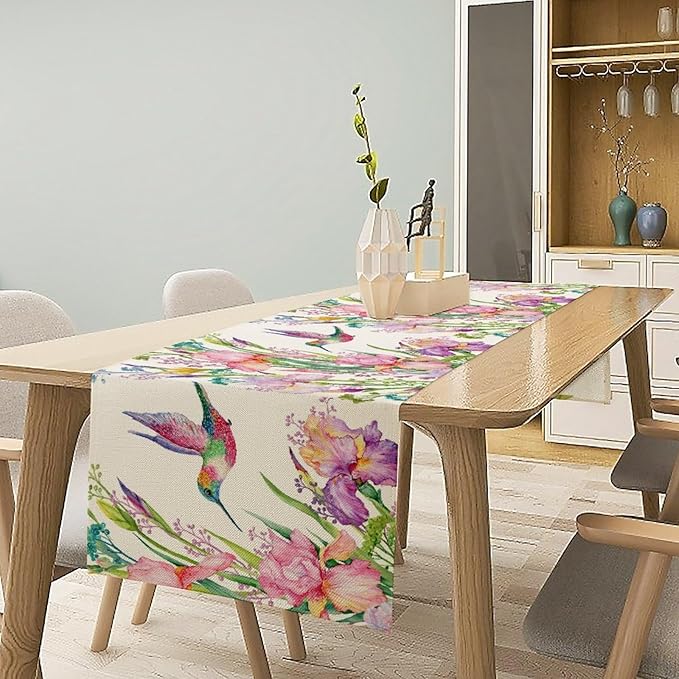 Hummingbird Table Runner,Pink Floral Country Style Table Runner for Kitchen Dining Table Home Party Decoration 13x90 Inch