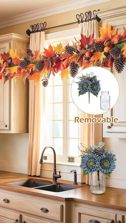 Silk Sunflowers Artificial Flowers with Mason Jar Centerpiece for Table Blue Fall Flowers in Vase Small Fall Floral Arrangement with Vase Thanksgiving Centerpiece for Dining Room Table Autumn Decor
