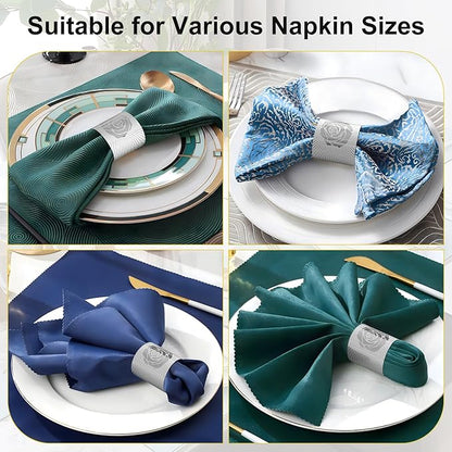 Polymer Material Reusable Napkin Band, Glue-Free Tear-Proof Water Resistant Oil-Proof Napkin Bands Set of 50(Front Silver Rose and Back Silver Color), 6 Adjustable Sizes Napkin Rings