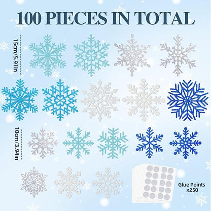 Winter Snowflake Cutouts - Glitter Paper Snowflake Decorations - 100Pcs Blue & Silver Double-Side Christmas Cutouts for Holiday Winter Wonderland Bulletin Board, Frozen Party Decor