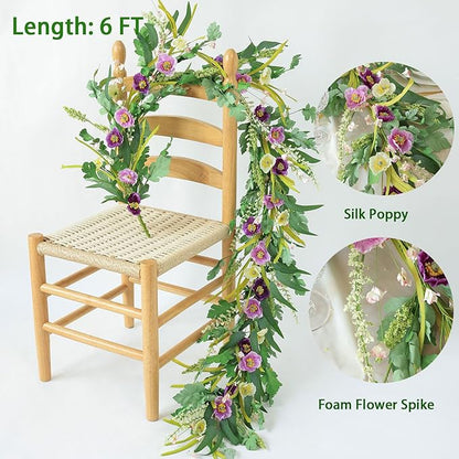 Mizii Purple Artificial Flower Garland 6FT Fake Poppy Floral Garland Hanging Vines Spring Summer Flowers Decorations for Mantle Table Centerpieces Room Wall Fireplace Wedding Decor (Purple)